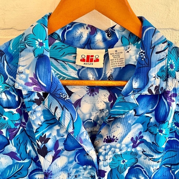 Vintage Button down shirt Floral print Cobalt blue/purple shortsleeve 16 Petite - Picture 3 of 7
